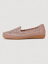 cheap Women's Flats-Women's Pink Floral Perforated Slip-On Shoes, Breathable Hollow Cutout Flat Shoes with Scalloped Edge, Soft Cushioned Insole &amp; Flexible Anti-Slip Sole for Countryside Strolls, Shopping &amp; Daily Leisure