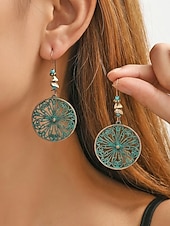 baratos Brinco Feminino-Brincos femininos boêmios vazados redondos, brincos pendentes vintage em liga metálica com filigrana, perfeitos para férias de verão, praia, festivais, brunch, looks casuais e resorts.