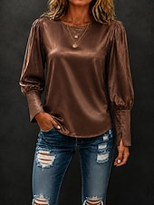  Women's Satin Top Satin Blouse Elegant Fashion Work Long Sleeve Crew Neck Regular Tops Casual Champagne Wine Brown Spring