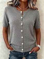  Per donna Cardigan Maglione a maglia Elegante Quotidiano A Coste Girocollo Bottoni Maniche Corte Top lunghi Maglia Lavoro Ferie Nero Fucsia Estate Autunno