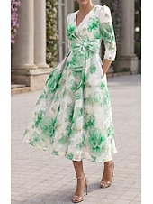 baratos Vestidos de Cocktail-Linha A Até o Tornozelo Longuette Vestido floral Vestidos de cocktail Elegante Floral Semi-formal / Coquetel Manga 3/4 Decote V Festa de Jardim Casamento Organza Jacquard com Estampa floral Pregas