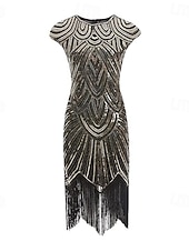 billiga 1920-talets klänningar-Glada 20-talet 1920-talet Knälång Klänningar Flapper-klänning Balklänning Holkärm Den store Gatsby charleston Paljetter Lappverk Rundhals Maskeradkläder Dam Bal Kvällsfest Fest Klänning