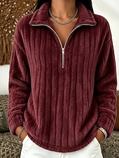  Damen-Sweatshirt, kuscheliger, gestreifter Fleece-Pullover – warmes Damen-Top mit Viertelreißverschluss und Stehkragen