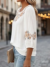  Blusa Bordada Feminina Floral Estilosa Casual Manga 3/4 Gola Redonda Tops Regulares Dia a Dia Branca Rosa Cinza Verão Primavera