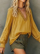  Per donna Blusa Arricciato Semplice Elegante Casual Manica Lunga Scollo a V Top Regolari Casuale Quotidiano Blu Bianco Giallo Rosa Estate Primavera