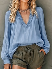  Per donna Blusa Arricciato Semplice Elegante Casual Manica Lunga Scollo a V Top Regolari Casuale Quotidiano Blu Bianco Giallo Rosa Estate Primavera