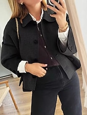  Women's Casual Jacket Comfortable Pocket Buttons Elegant Formal Casual Short Lapel Regular Fit Long Sleeve Outerwear dark brown Black Fall Winter
