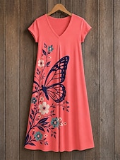  Mulheres Vestido midi Vestido de turno Vestido T shirt Vestido de verão Elegante Boêmia Férias Praia Festa Feriado Normal Floral Estrela Tropical Manga Curta Decote V Preto Rosa Vermelho Laranja