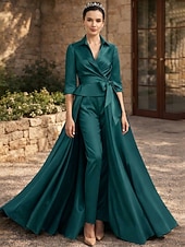 abordables Trajes de pantalón de mamá-Dos Piezas Traje de pantalón Hasta el Tobillo Vestido de Madrina Media Manga Cuello Camisero Elegante Formal Invitado a la boda Satén con Lazo(s)