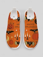  oransje Halloween slip-on strikkede sneakers til dame, lette tursko med gresskartrykk og pustende, polstret såle for kostymefester og turer på landet. &hverdagsbruk