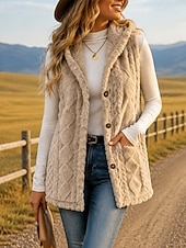 preiswerte Weste-Damen Tunika Knöpfe Einfach Bohemien Vintage Lässig Ärmellos V Ausschnitt Mit Kapuze Lange Oberteile Lässig Ausgehen Blau Khaki Schwarz Rosa Rote Frühling Herbst Winter