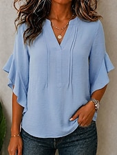  Mulheres Blusa Textura Frufru Patchwork Côr Sólida Elegante 3/4 de Manga Decote V Tops longos Casual Diário Branco Preto Vinho Azul Céu Roxo Verão Primavera