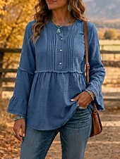  Mulheres camisa Boho Camisa casual Franzido Patchwork Peplum Elegante Manga Longa Decote V Tops longos Casual Azul Preto Vinho Roxo Marron Verão Primavera Outono