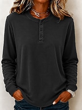  Women's Waffle Shirt Washed Cotton Pullover Solid Color Casual Long Sleeve Henry Collar Regular Tops Casual Black Dark Green Brick red Dark Blue Beige Fall Winter