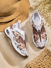 abordables Zapatillas de mujer-Zapatillas sin cordones con estampado de mariposas vibrantes para mujer con colchón de aire: zapatos de punto transpirables para caminar para ejercicio ligero y salidas informales