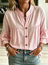  Mulheres Blusa Frufru Tecido à moda Casual Sem Manga Colarinho Chinês Tops regulares Casual Diário Branco Amarelo Rosa Verde Verão Primavera