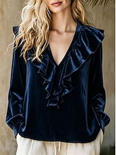  Vintage fluwelen damesblouse - elegante top met ruches, V-hals en lange mouwen.