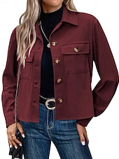 Women's Shirt Jacket Corduroy Jacket Casual Jacket Lightweight Pocket Buttons Fashion Casual Short Lapel Regular Fit Long Sleeve Outerwear dark brown claret turmeric Spring Fall