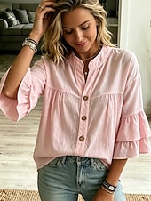  Mulheres Blusa Frufru Tecido à moda Casual Sem Manga Colarinho Chinês Tops regulares Casual Diário Branco Amarelo Rosa Verde Verão Primavera