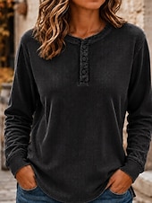 economico T-shirt semplice-Per donna Camicia a nido d'ape Cotone lavato Pullover Tinta unica Casual Manica Lunga Henry Collar Top Regolari Casuale Nero Verde scuro Mattone rosso Blu scuro Beige Autunno Inverno