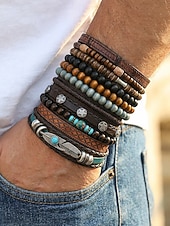 preiswerte Herrenschmuck-Boho-Armbandset für Herren, 11-teiliges Set aus stapelbaren Armbändern aus Holzperlen, Legierung und Leder, lässiger Sommerschmuck für Strandurlaub, Reisen, Festivals, Partys und den Alltag