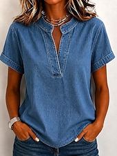  Per donna Camicia Cotone lavato Camicia Boho Pizzo Patchwork Jeans Tinta unica Semplice Vintage Western Casual Manica Corta Collo quadrato Top Regolari Casuale Quotidiano Ferie Blu Azzurro Estate