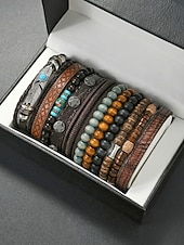 preiswerte Herrenschmuck-Boho-Armbandset für Herren, 11-teiliges Set aus stapelbaren Armbändern aus Holzperlen, Legierung und Leder, lässiger Sommerschmuck für Strandurlaub, Reisen, Festivals, Partys und den Alltag