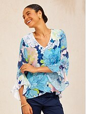 billige Blomstrete bluser-pastellvasket peonfarget flagrende chiffonbluse