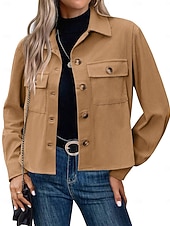  Women's Shirt Jacket Corduroy Jacket Casual Jacket Lightweight Pocket Buttons Fashion Casual Short Lapel Regular Fit Long Sleeve Outerwear dark brown claret turmeric Spring Fall