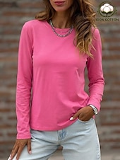  Mulheres 100% Algodão Camiseta Camisetas Côr Sólida Clássico Casual Manga Longa Gola Redonda Tops regulares Casual Diário Azul Branco Preto Rosa Cinza Claro Primavera Primavera / Outono / Inverno
