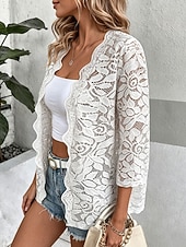  Women's Casual Jacket Lace Jacket Breathable Open Front Elegant Floral Casual Regular Collarless Regular Fit 3/4 Length Sleeve Outerwear White Black Summer Spring