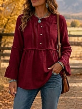  Mulheres camisa Boho Camisa casual Franzido Patchwork Peplum Elegante Manga Longa Decote V Tops longos Casual Azul Preto Vinho Roxo Marron Verão Primavera Outono