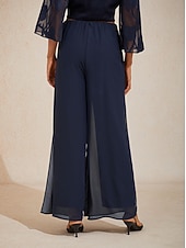  Women's Culottes Wide Leg Straight-Leg Trousers Elegant Stylish Classic Style Full Length Medium Waist Solid Color Elastic Waist Stretchy Office Vacation Party Navy Blue Spring, Fall, Winter, Summer