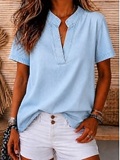  Women's Shirt Demin-look Washed Cotton Boho Shirt Lace Patchwork Denim Solid Color Plain Vintage Western Casual Short Sleeve Square Neck Regular Tops Casual Daily Holiday Blue Light Blue