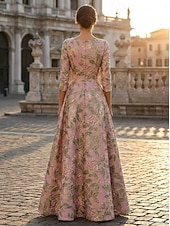 economico Abiti da Sera a Linea A-Linea ad A Lunghezza al pavimento Abito Formale Abito da Sera Elegante Floreale Madre della sposa Manica 3/4 Scollo a Barca Festa serale Matrimonio Jacquard Shiena scoperta con Strass Pieghe Perline