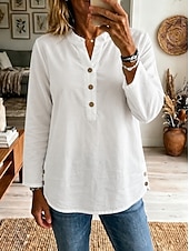  Mulheres Camisa Social Côr Sólida Férias Diário Casual 3/4 de Manga Colarinho Chinês Tops longos Casual Branco Rosa Verão Primavera