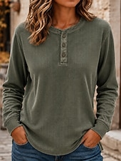 economico T-shirt semplice-Per donna Camicia a nido d'ape Cotone lavato Pullover Tinta unica Casual Manica Lunga Henry Collar Top Regolari Casuale Nero Verde scuro Mattone rosso Blu scuro Beige Autunno Inverno