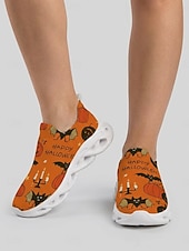 oransje Halloween slip-on strikkede sneakers til dame, lette tursko med gresskartrykk og pustende, polstret såle for kostymefester og turer på landet. &hverdagsbruk