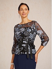 voordelige Kant Tops-Dames Geklede topjes Geborduurd Illusie Kant Elegant 3/4 mouw Strakke ronde hals Avond Feest Bruiloft gast Semi formeel Zwart Lente Herfst Winter