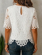  Mulheres Tops de renda Textura Patchwork Com Corte Elegante Manga 3/4 Gola Redonda Casual Branco Verão Primavera Outono