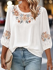  Blusa Bordada Feminina Floral Estilosa Casual Manga 3/4 Gola Redonda Tops Regulares Dia a Dia Branca Rosa Cinza Verão Primavera