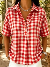  Damen Hemd Popover-Hemd Bluse Karomuster Kariert Täglich Kurzarm Revers Normale Oberteile Lässig Hellblau orange Farbe Schwarz Rote Grün Sommer Herbst