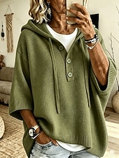  Felpa da donna con cappuccio e mezza abbottonatura, maniche a 3/4, maglione casual in maglia con coulisse