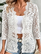  Women's Casual Jacket Lace Jacket Breathable Open Front Elegant Floral Casual Regular Collarless Regular Fit 3/4 Length Sleeve Outerwear White Black Summer Spring