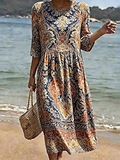  Women's Midi Dress Shift Dress Sundress Vacation Casual Boho Beach Going out Summer Dress Regular Fit Floral Graphic 3/4 Length Sleeve Crewneck Brown Summer Spring