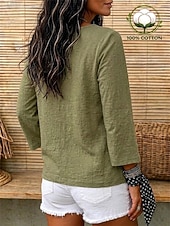  Dame 100% قطن Bluse Konsistens Lapper Pullover Årgang Langermet V-hals Avslappet Militærgrønn Vår Høst Vinter