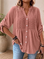 preiswerte Einfache Blusen-Damen Spitzenbluse Freizeithemd Bestickt Elegant Bohemien Urlaub Dreiviertelarm Ellbogenärmel V Ausschnitt Normale Oberteile Lässig Täglich Streetwear Weiß Khaki Schwarz Pudriges Rosa Sommer Frühling