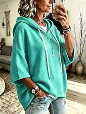  Lässiger Damen-Pullover-Hoodie – weicher 3/4-Kurzarm-Hoodie in Smaragdgrün, Orange und Grau, ideal für Sommer und Herbst