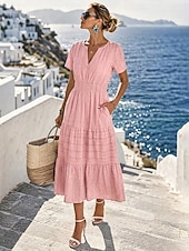  Per donna Abito Midi 100% cotone Abito a trapezio Abito con balze Elegante Quotidiano Vacanza Vestibilità comoda Colore Puro Manica Corta Scollo a V Bianco Nero Rosa Blu scuro Estate Primavera Autunno