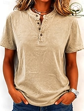 cheap Plain tee-SoftFade™ Women's 100% Cotton Henley Shirt Vintage Fashion Stylish Short Sleeve Regular Tops Casual Beach Blue Khaki Black Purple Orange Spring